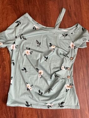 Sage Green Off-Shoulder Top w/ White Flowers